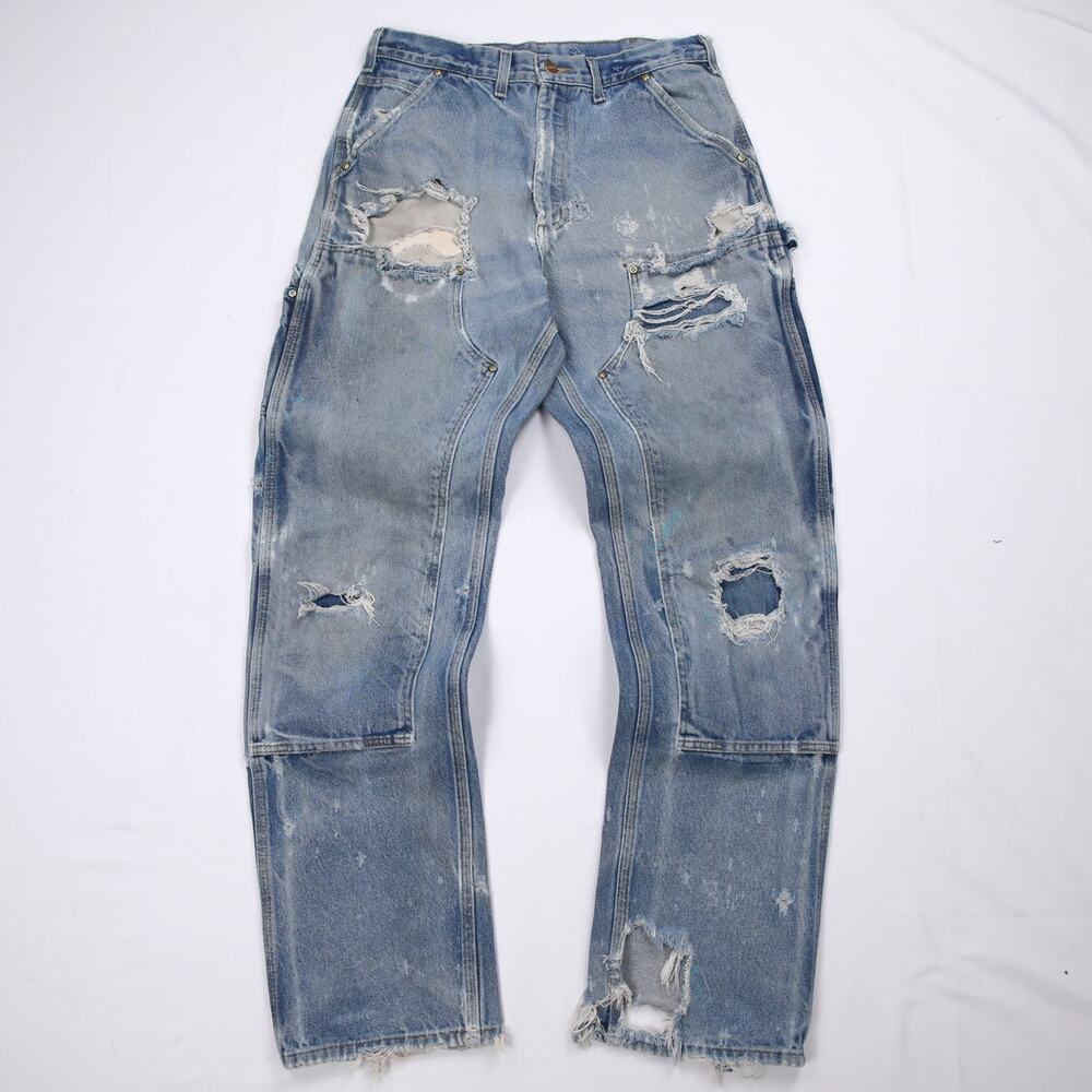 THRASHED Vintage Carhartt B07 DNM Faded Blue Jeans Denim Double Knee Pants 31x33